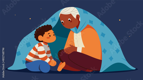 A child curled up under a quilt listening intently as an elder tells stories of the past and the importance of embracing and celebrating freedom.. Vector illustration