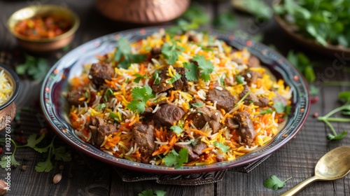 A colorful platter of aromatic Indian biryani rice adorned with tender pieces of spiced lamb and garnished with fresh cilantro.