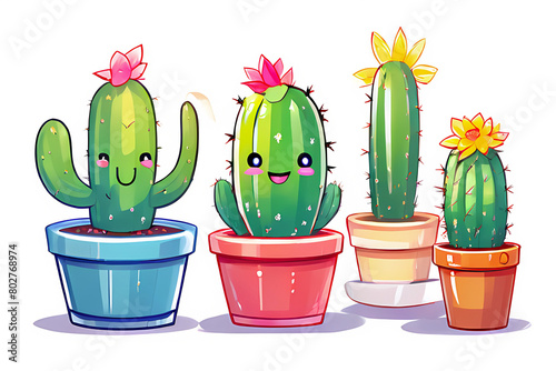 Set of cute cactus and succulent plant cartoon with round eyes and sweet smile, planted in a pastel pot isolated in abstract background