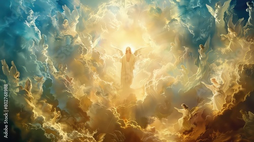 A heavenly scene with Jesus Christ surrounded by clouds and angels  offering new life.