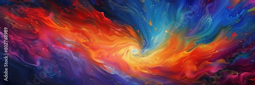 a colorful abstract painting featuring a red, yellow, green, blue, and purple color scheme