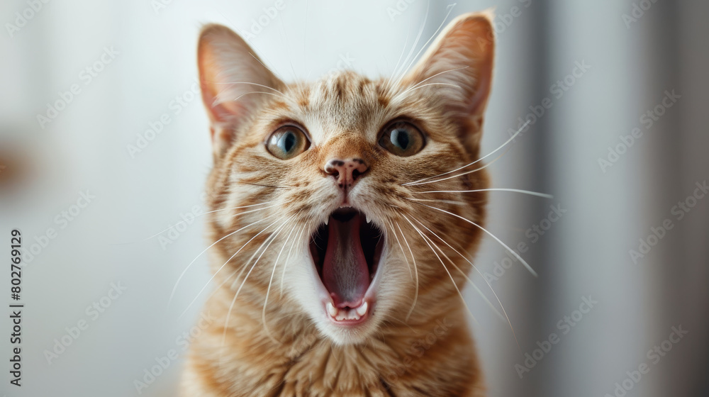 Portrait of an adorable ginger cat with a surprised expression, big round eyes, and mouth wide open against a blurred background Portrait of an adorable ginger cat with a surprised expression, big round eyes, and mouth wide open against a blurred background