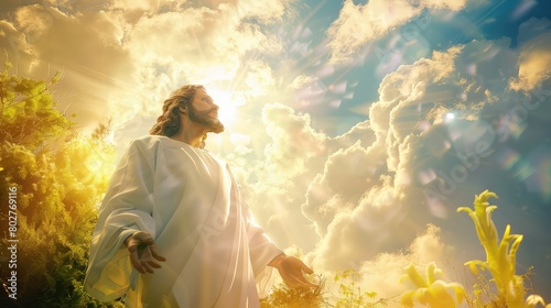 A peaceful depiction of Jesus Christ in a heavenly realm  embodying new life and renewal.