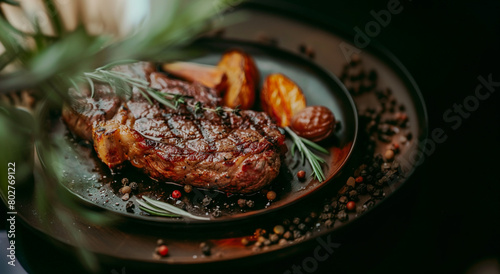 Juicy ribeye steak and crisp country potatoes with rosemary and black pepper. Aesthetic photo