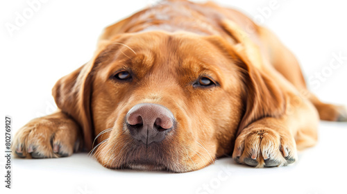 Close-up portrait of a serene golden retriever lying down with its chin resting on its paws, isolated on a white background