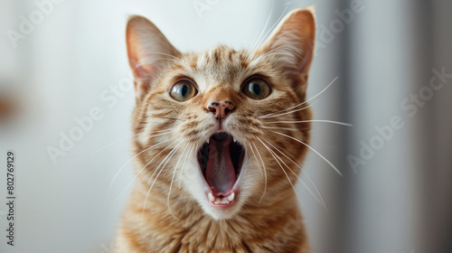 Portrait of an adorable ginger cat with a surprised expression, big round eyes, and mouth wide open against a blurred background