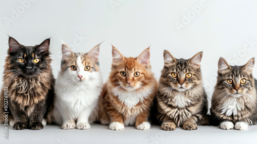  Portrait of group of adorable cat big round eyes  white background