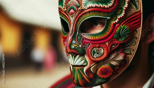 A close-up of a person wearing a traditional mask decorated with bright, natural pigments. photo