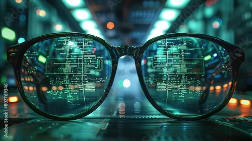 A pair of glasses with circuitry and data flowing through them, reflecting in the lenses. The background is a dark green with neon lights. There is an array of computer equipment. Generative AI.