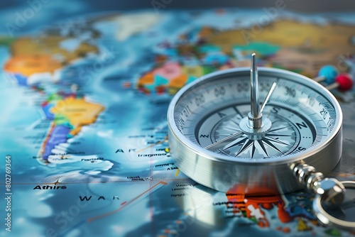 A compass with multiple needles pointing towards different world locations on a map, signifying global marketing reach. photo