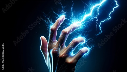 A hand crackling with electric energy, bolts of lightning arcing from the fingertips in a vibrant close-up.