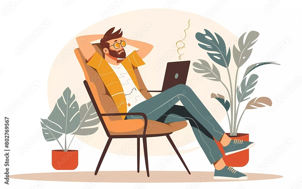 Relaxed man sitting in chair with hand on head with laptop and coffee vector. Flat vector illustration 