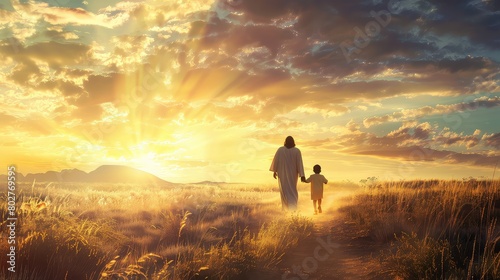 An uplifting image of Jesus Christ and a child walking together towards a bright horizon. 