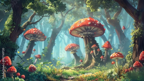 A dreamy forest landscape with mushrooms adorning the branches and trunks of trees, creating a whimsical and enchanting scene. © Plaifah