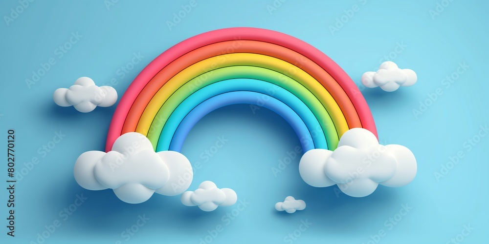 3D illustration of bright rainbow arcing across a blue sky with fluffy white clouds. Minimalist soft pastel colors, modern style. 3D illustration of bright rainbow arcing across a blue sky with fluffy white clouds. Minimalist soft pastel colors, modern style.