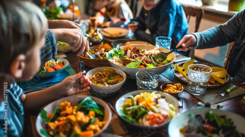 A family enjoying a cozy dinner at home, passing around bowls of lamb razala curry and sharing stories around the table.