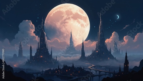 未来の城と月の夜景,Generative AI AI画像