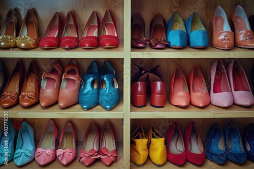 Different stylish women's shoes on shelving unit © zeb