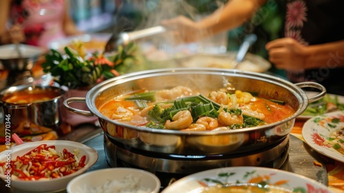A family enjoying a homemade Thai dinner with a steaming pot of Tom Yum Goong soup as the centerpiece, bringing warmth and comfort to the table.