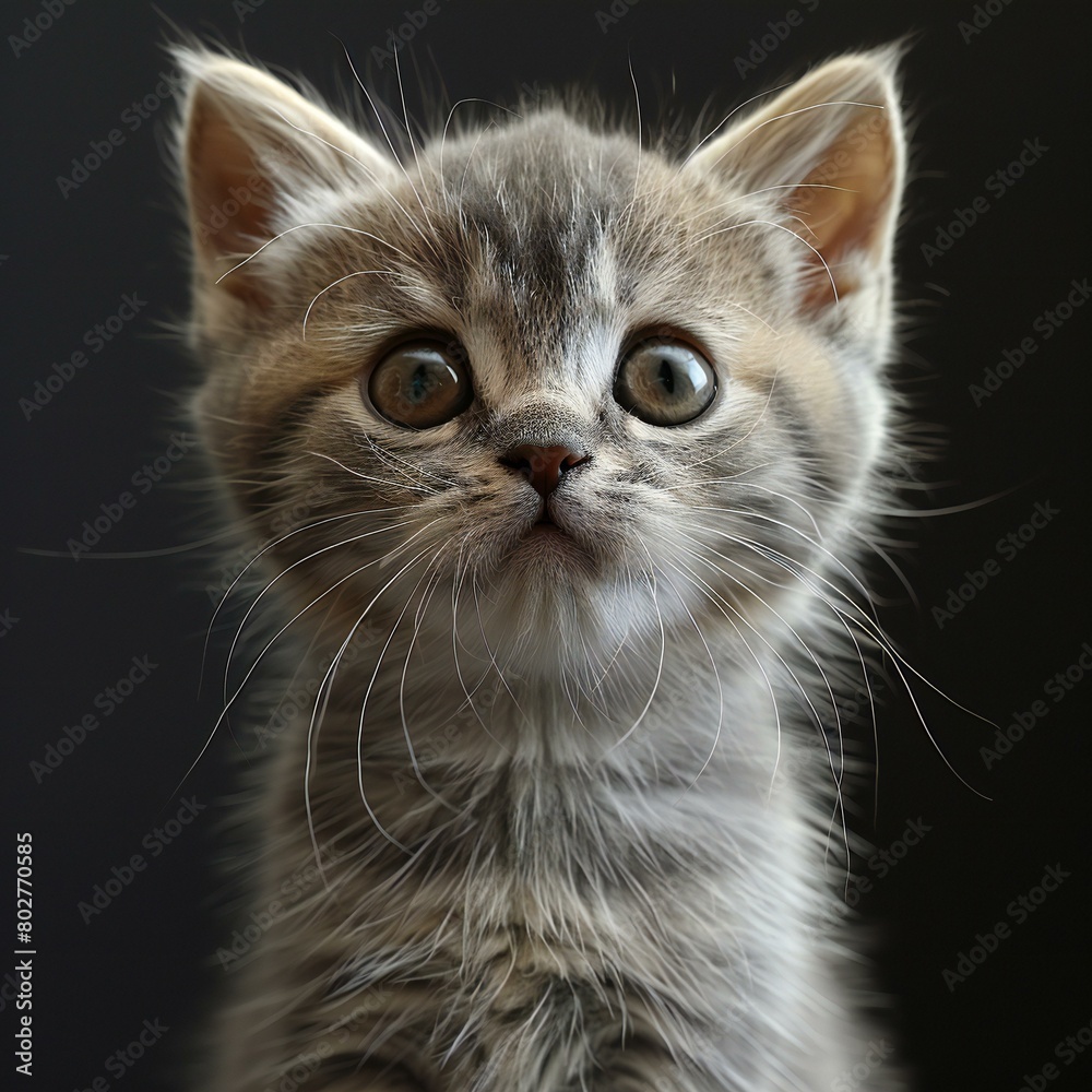 Cute little kitten on dark background, closeup,  Animal portrait