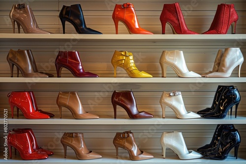 Different stylish women s shoes on shelving unit
