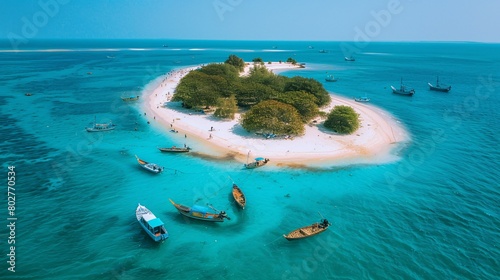 A picturesque island in Lakshadweep with pristine beaches and boats. photo
