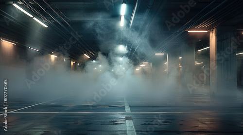 Empty parking garage, smoke and dust in the air, low light, dark background. Generative AI. © visoot