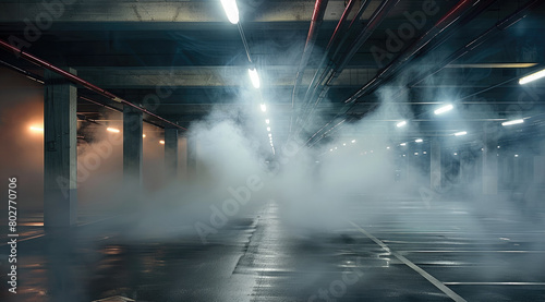 Empty parking garage, smoke and dust in the air, low light, dark background. Generative AI.