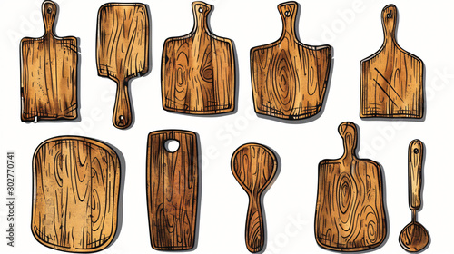 Set of drawn wooden cutting boards on white background