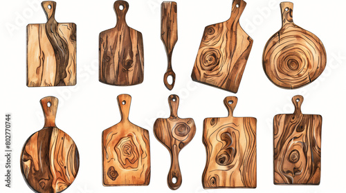 Set of drawn wooden cutting boards on white background