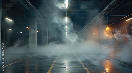 Empty parking garage, smoke and dust in the air, low light, dark background. Generative AI.