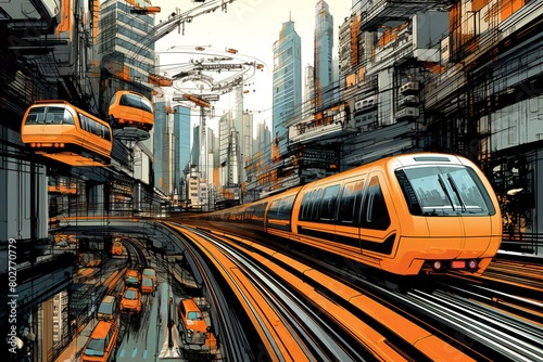 Modern high-speed train in the city, illustration