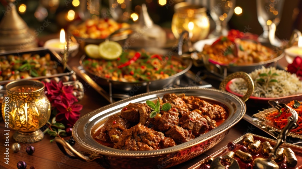 A festive celebration with a table laden with trays of fragrant lamb and vegetable razala, inviting guests to indulge in Indian flavors.