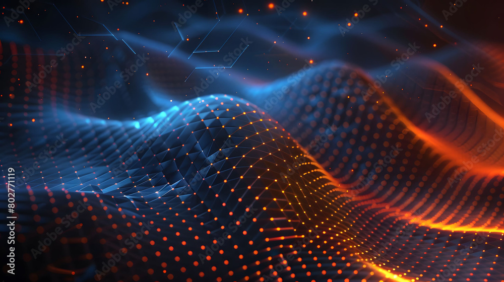 Abstract background with blue and orange glow waves on dark hexagon mesh grid. Digital wallpaper for design Abstract background with blue and orange glow waves on dark hexagon mesh grid. Digital wallpaper for design