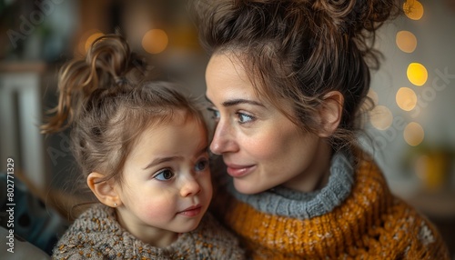 Hearing impaired mother and her child talking with help of sign language indoors 