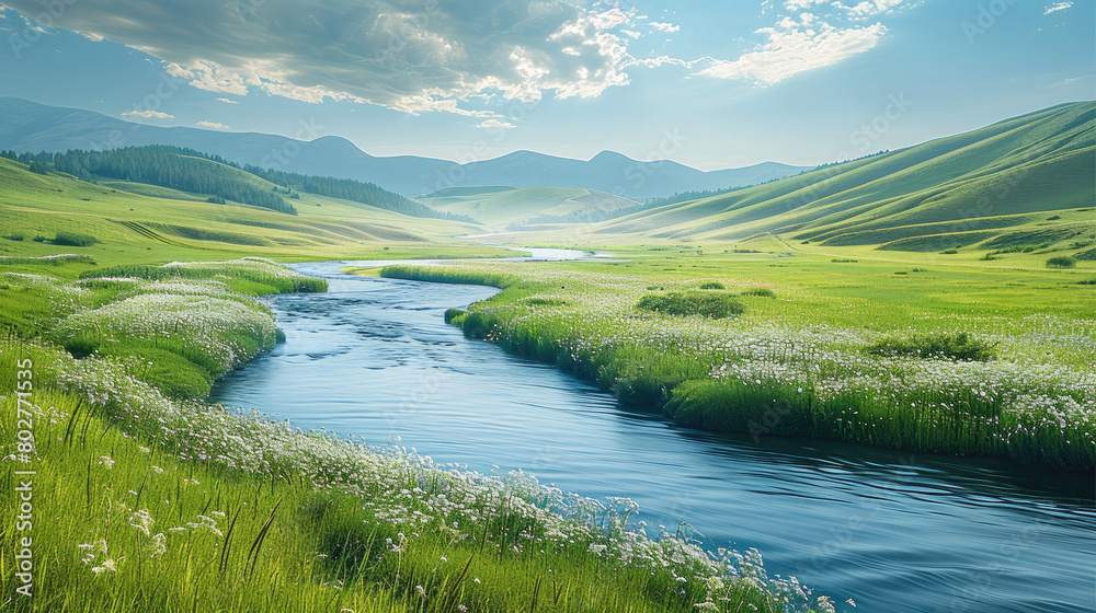 A serene countryside scene with rolling hills and a meandering river, inviting exploration. Generative AI. A serene countryside scene with rolling hills and a meandering river, inviting exploration. Generative AI.