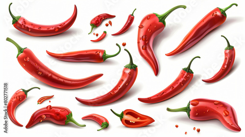 Set of red chili pepper on white background