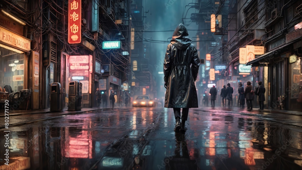 夜の都市を歩く人後ろ姿,Generative AI AI画像