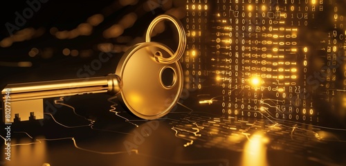 A golden digital key emitting a soft glow, floating in front of a complex virtual lock on a gate made of binary sequences, representing secure data access. 32k, full ultra hd, high resolution photo