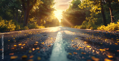 Afternoon sunlight on road, strong sunlight. Generative AI.