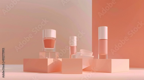 Wallpaper Mural Cosmetic mockups in geometric podiums, providing a sophisticated backdrop for presenting skincare and makeup products. Torontodigital.ca