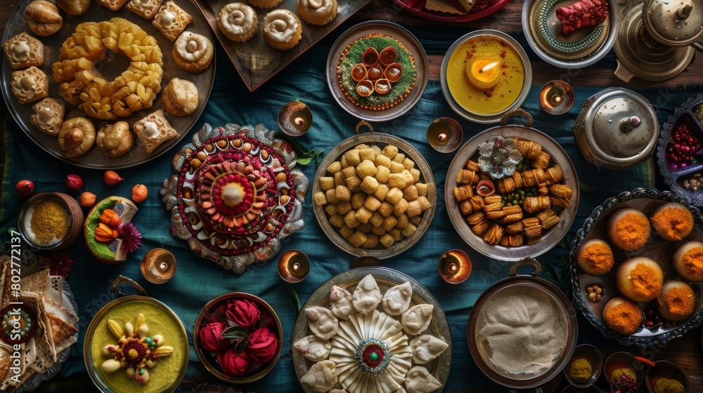 A festive Diwali celebration, with a table overflowing with traditional Indian sweets and savory snacks.