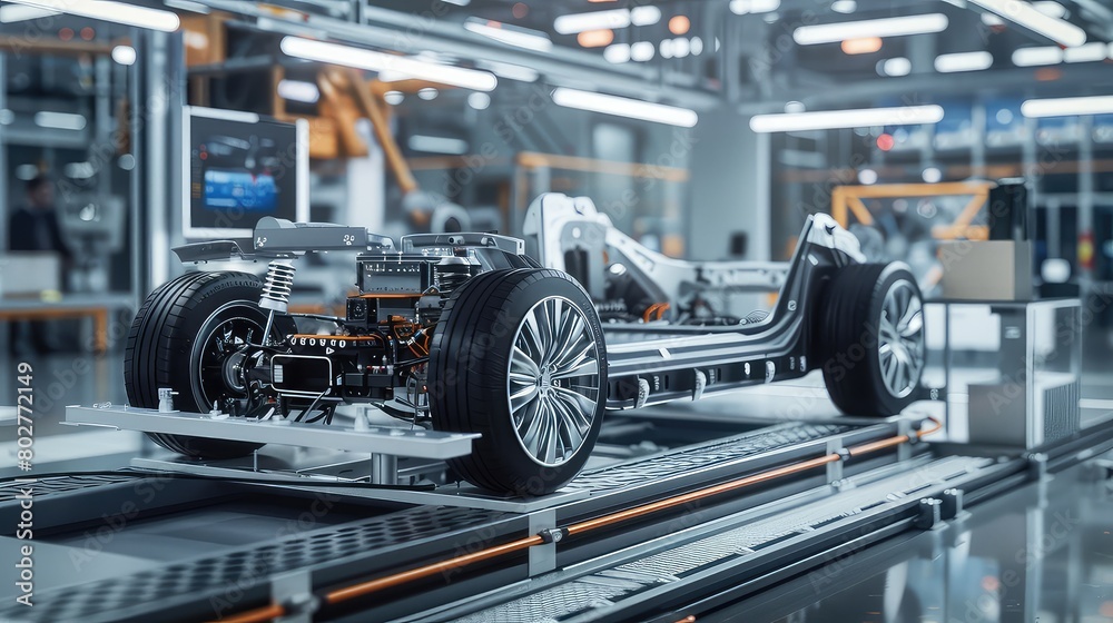 A cross-sectional view of the EV production line, showcasing the intricate processes involved in car manufacturing.