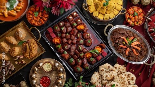 A festive Diwali celebration with trays of lamb razala curry served alongside traditional Indian sweets and savory snacks. photo
