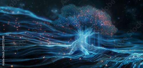 A luminous, holographic tree whose leaves are composed of data packets, with roots deep in a secure digital terrain, symbolizing organic growth in data security measures.  photo