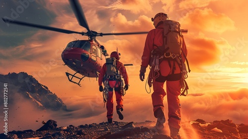 Two emergency responders with protective harnesses and ascending gear rushing towards helicopter for urgent medical assistance. Key themes include saving, aid, and optimism. photo