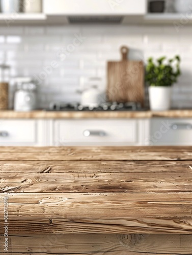 Distressed wooden surface on unfocused cooking area. Ideal for showcasing merchandise or creating graphics.
