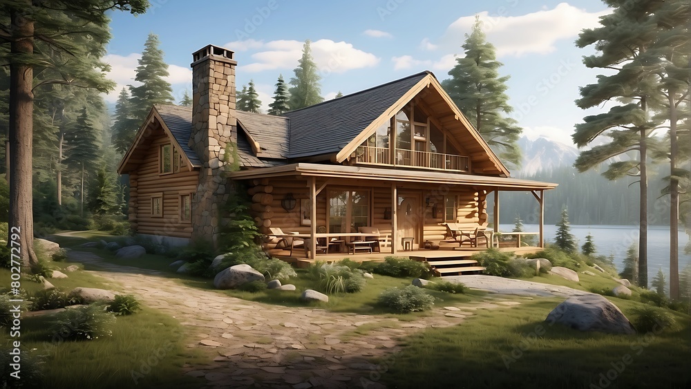 Fototapeta premium wooden house in the forest Tranquil Retreat A Rustic Cabin in the Woods