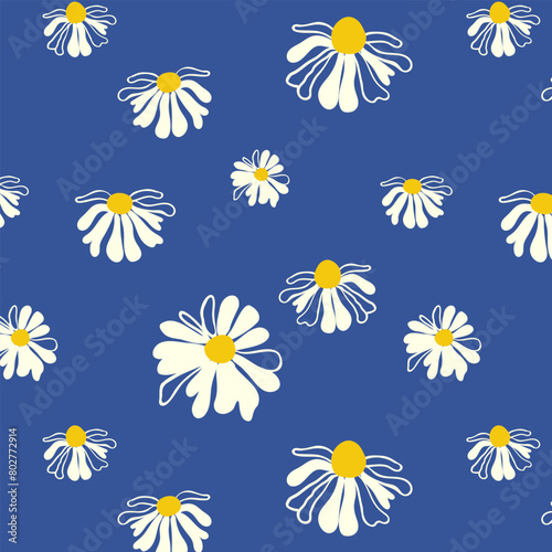 Summer daisy background Blue seamless pattern spring white meadow flowers ornament Template packaging poster Wallpaper chintz cambric muslin photo