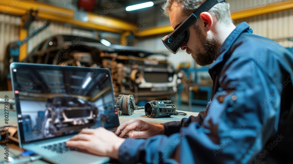 A mechanic using augmented reality (AR) glasses in conjunction with the laptop to visualize engine components.